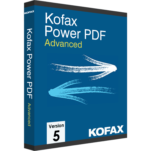 Verpackung von Kofax Power PDF Advanced Version 5 mit blauem Hintergrund und Pinselstrichen